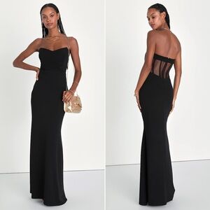 NWOT | Lulus | Iconic Arrival Black Strapless Bustier Mermaid Maxi Dress | Sz S